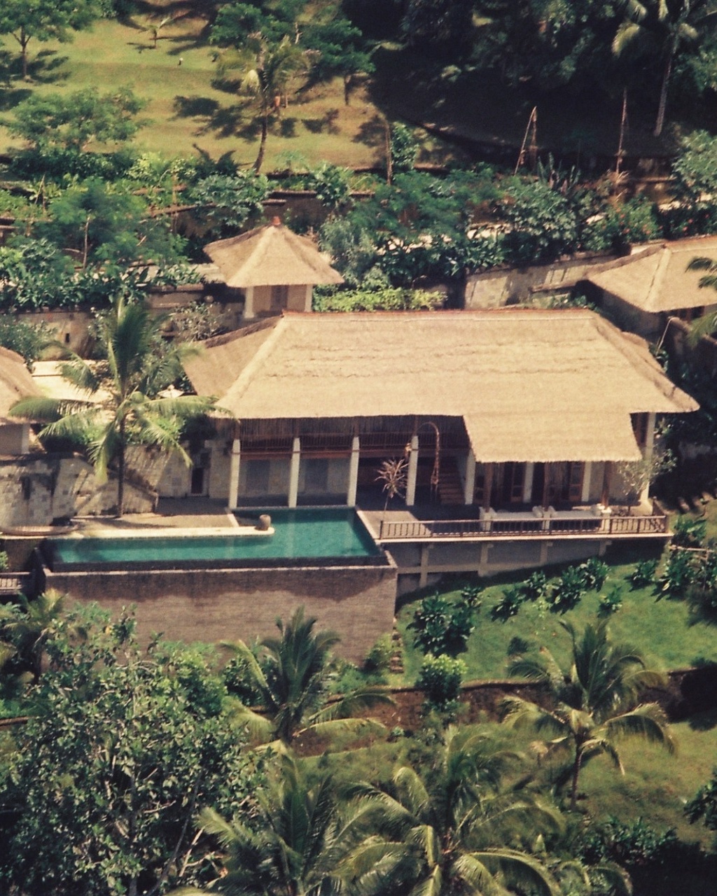 An aerial view of Bayugita, one of the luxurious residences at Begawan Giri Estate, offering stunning views of the surrounding landscape.