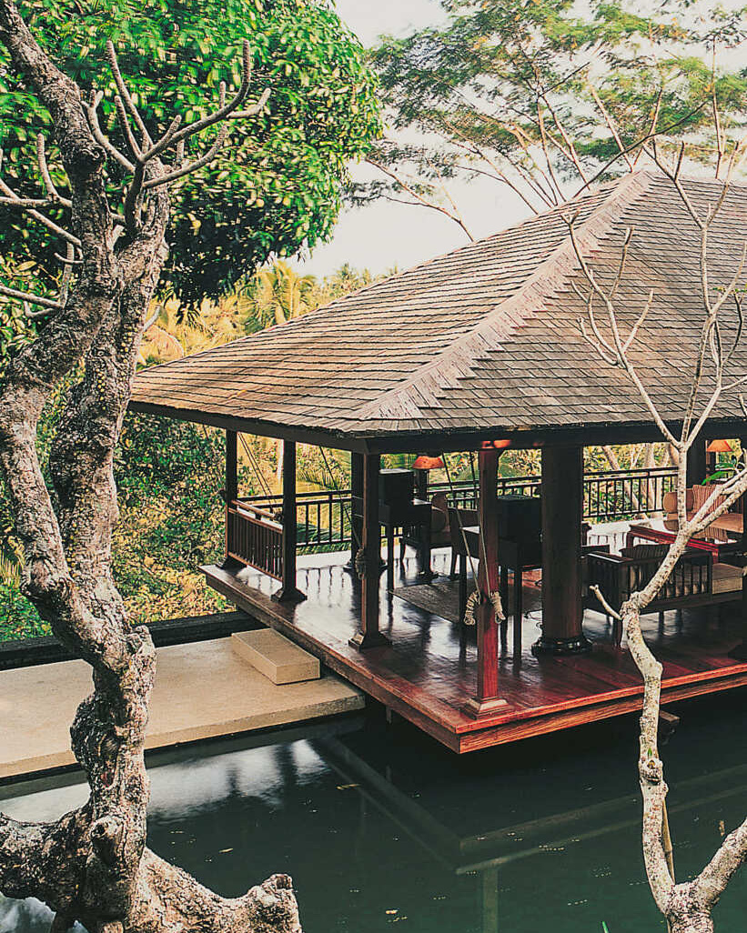 A view of the water garden and pavilion at Tirta Ening, a residence at Begawan Giri Estate, inspired by Japanese design.