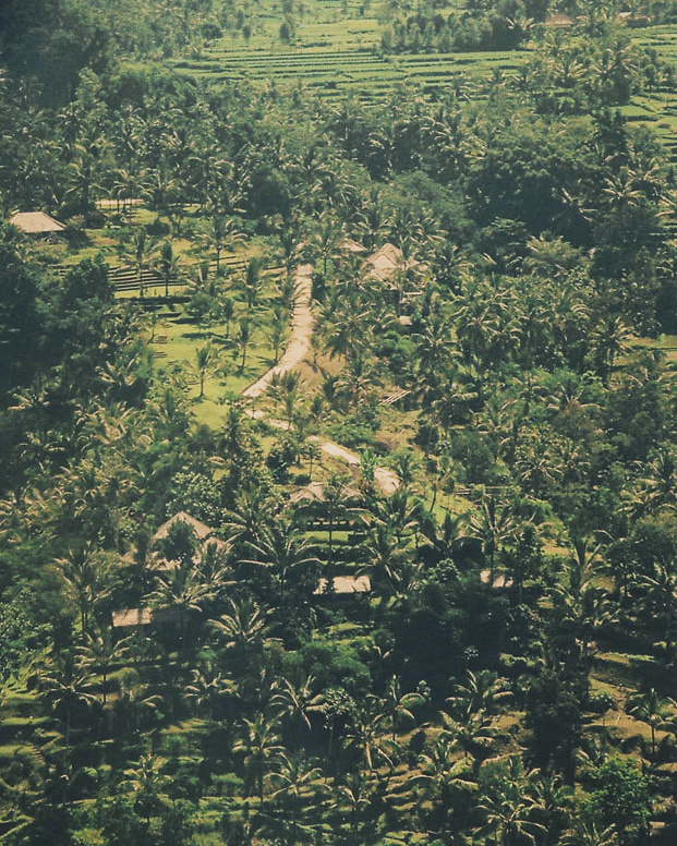 An aerial view of Begawan Giri Estate, showcasing its lush greenery and breathtaking views.