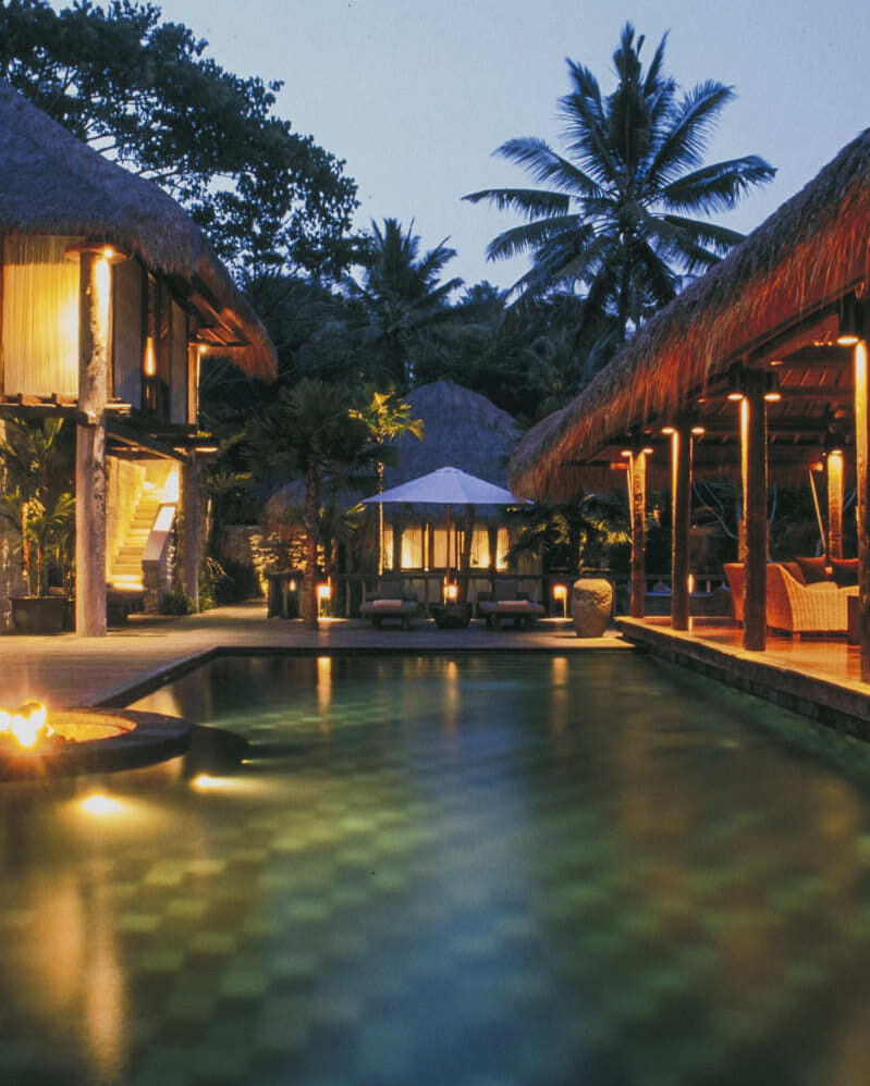 A view of the pool and pavilion at Tejasuara, a residence at Begawan Giri Estate, inspired by the island of Sumba.